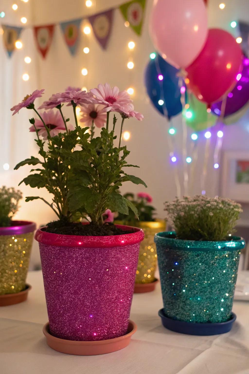 Inject radiance into your decor through glitter-laden flower containers.