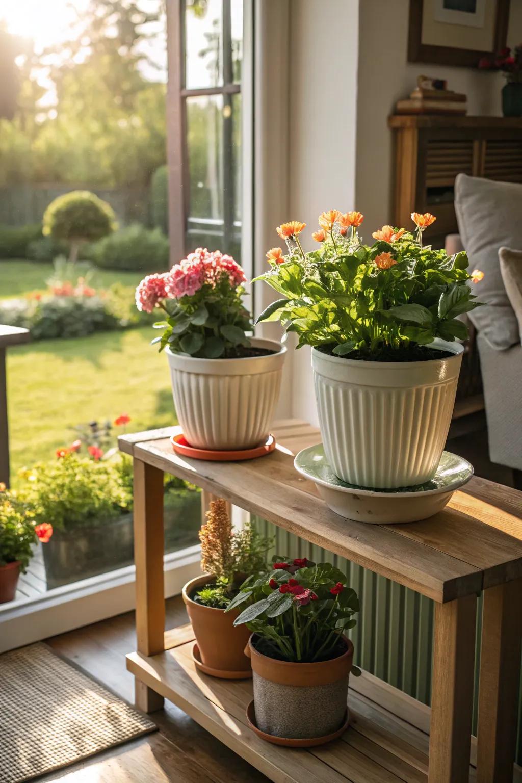 Adaptable flower containers that transition effortlessly between settings.