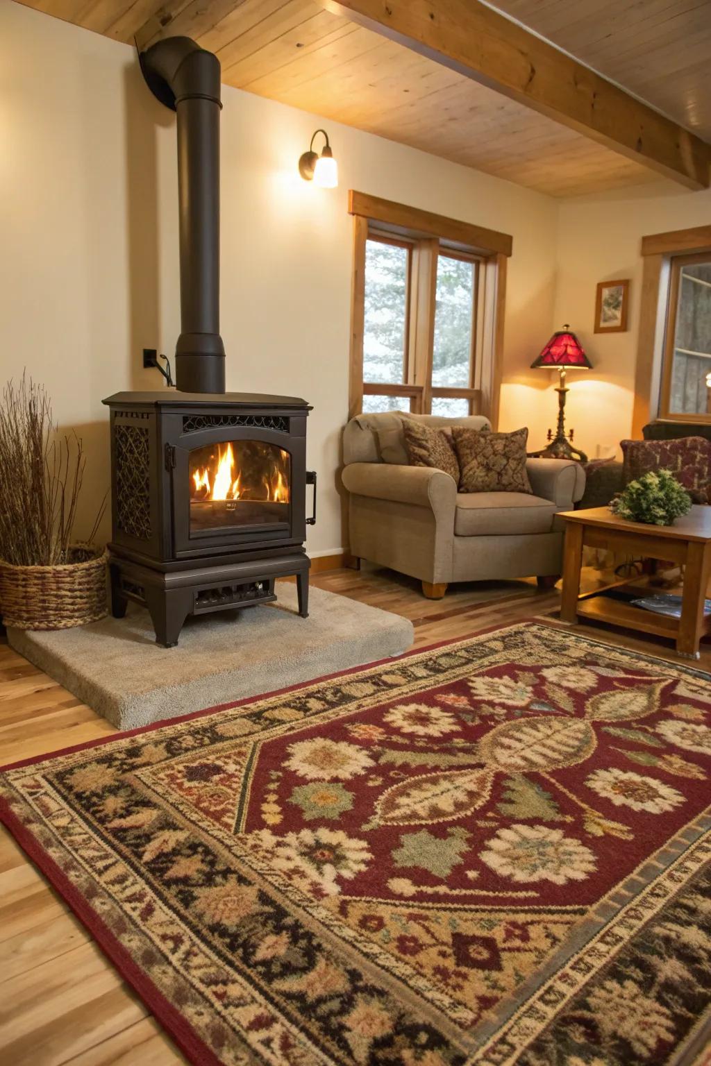 A fireside rug adds warmth and style to the burner area.