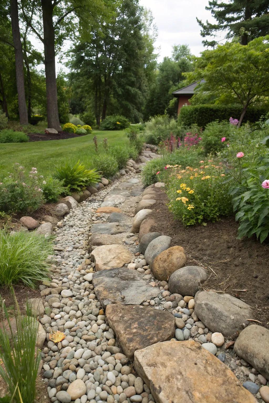 A dry streambed with a drainage system, thoughtfully designed with stones.