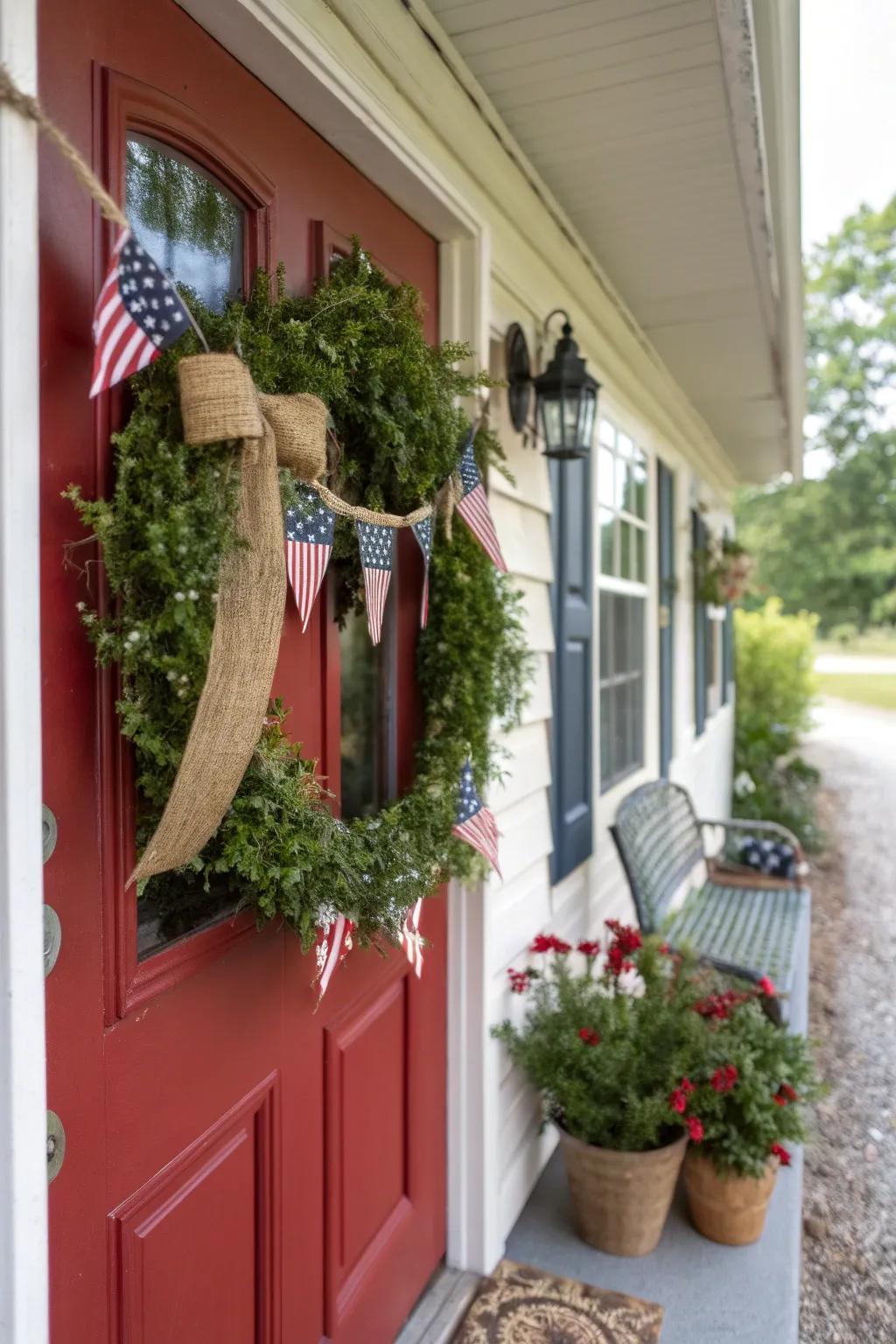 A welcoming and attractive jute and banner wreath.