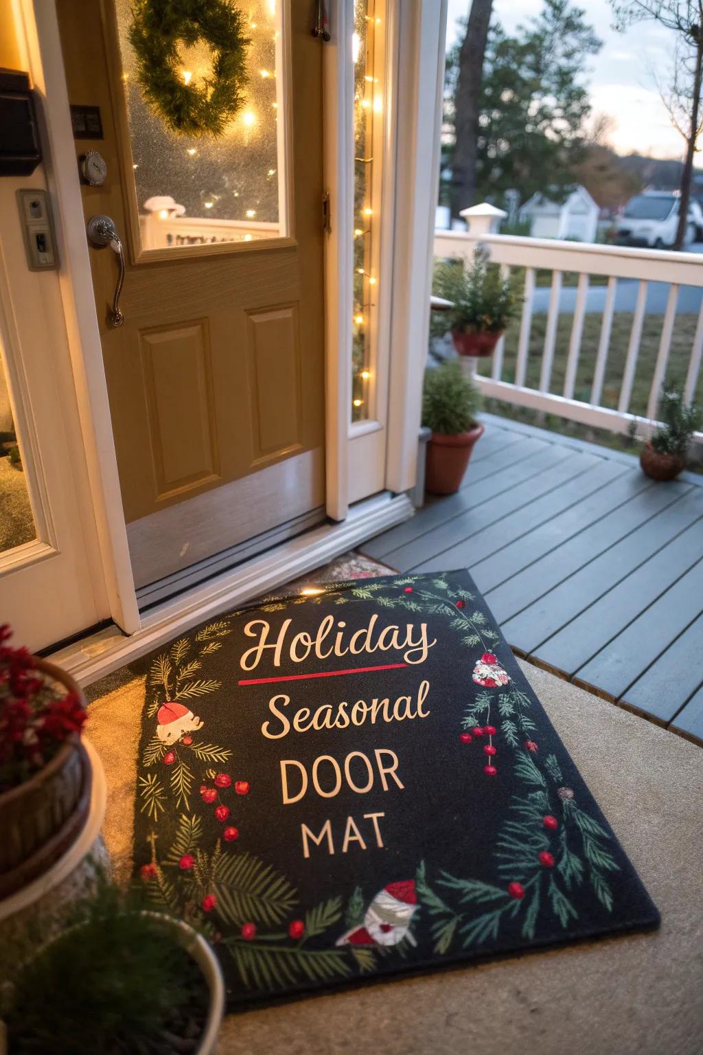 A playful themed entrance rug showcasing a holiday greeting.