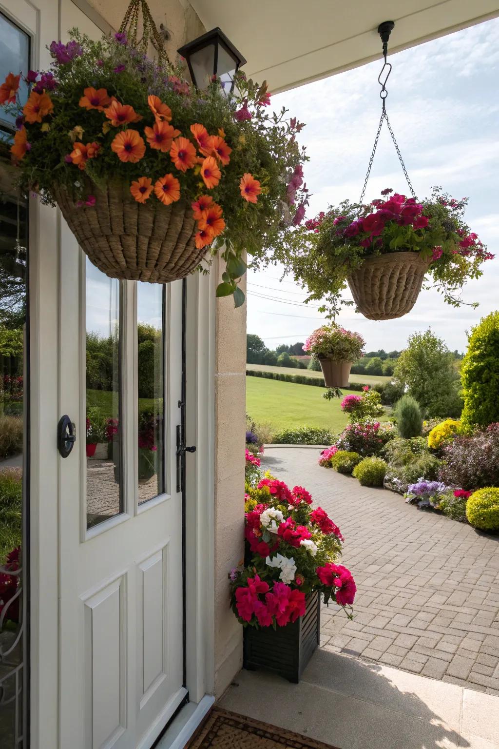 Suspended planters introduce vertical appeal to the entryway.