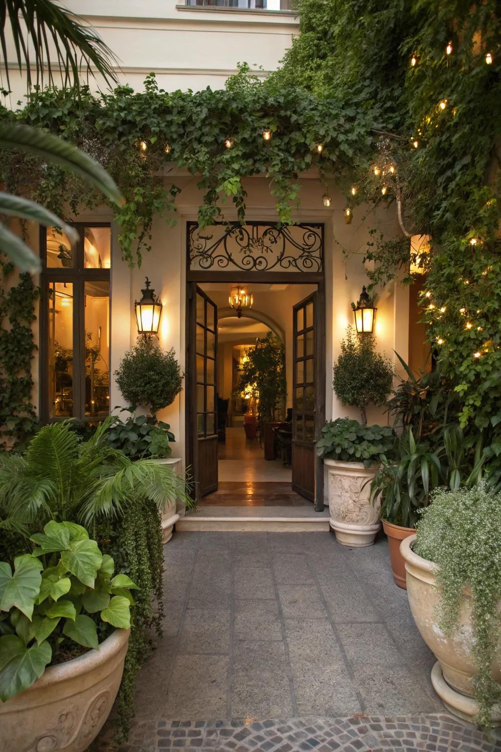 Combining lighting and plants enhances the entrance.