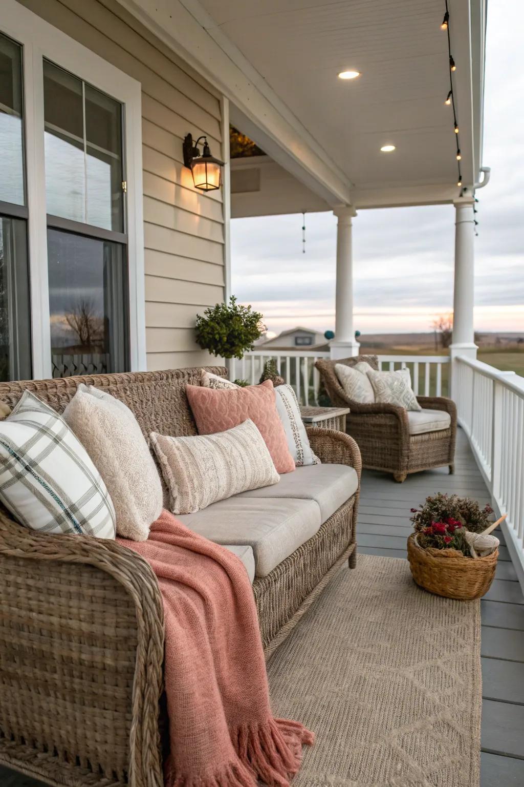 Inviting fabrics transform your porch into a serene winter escape.