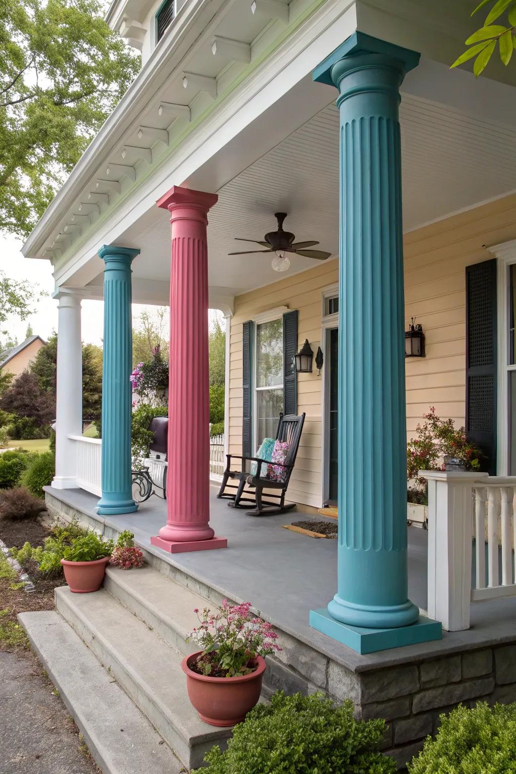A bold statement for your porch can be achieved with contrasting colors on the columns.