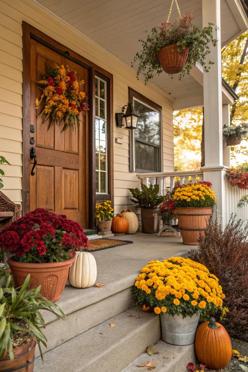 A front porch adorned with seasonal plants and thematic decorations.