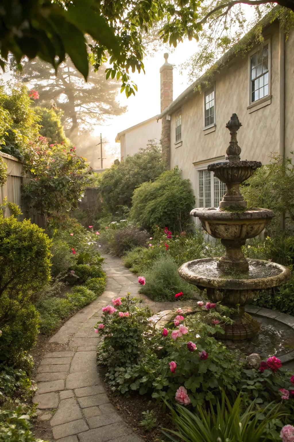A peaceful fountain in a corner lot garden that adds a feeling of calm.