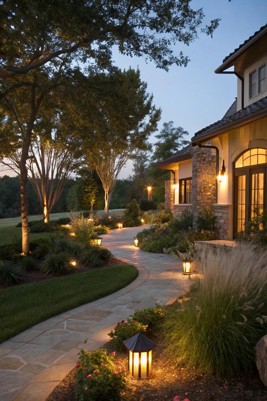 Exterior lighting enhances the courtyard's evening vibe.