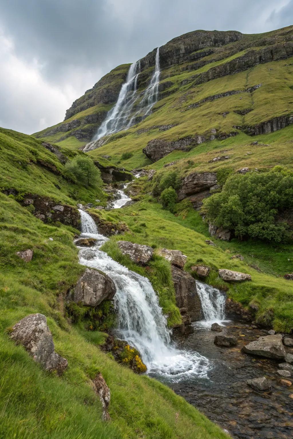 A cascading water feature contributes calm and beauty to your slope.