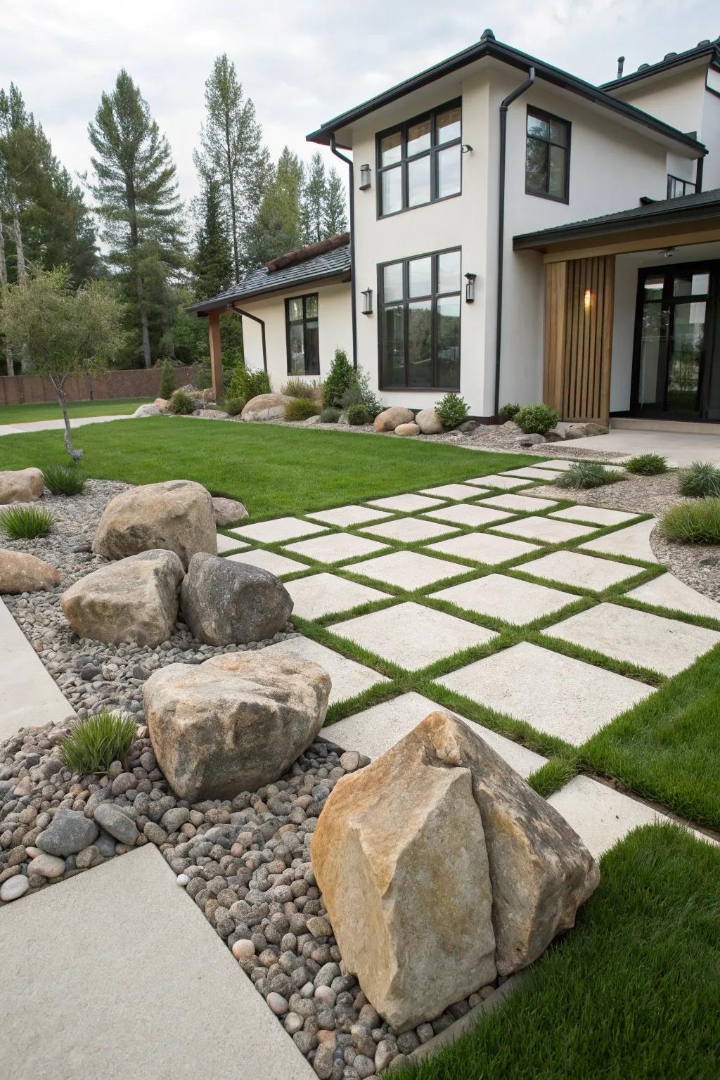 Achieve a modern aesthetic through geometric arrangements of large stones.