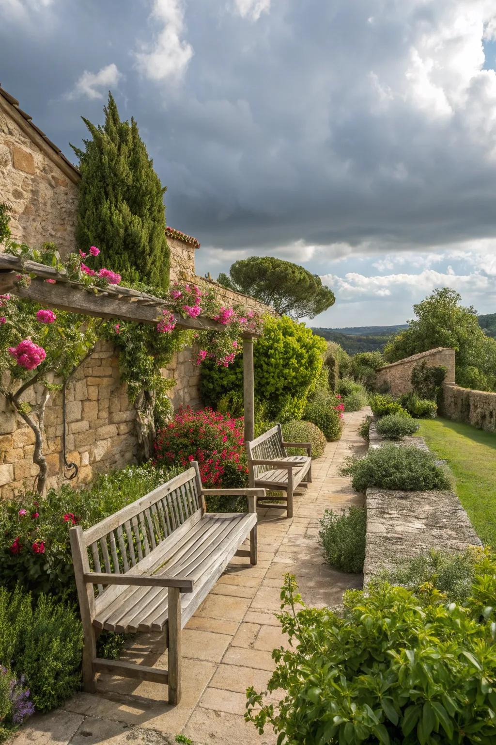 Timber and stone create a harmonious, rustic ambiance in this Mediterranean-inspired yard.