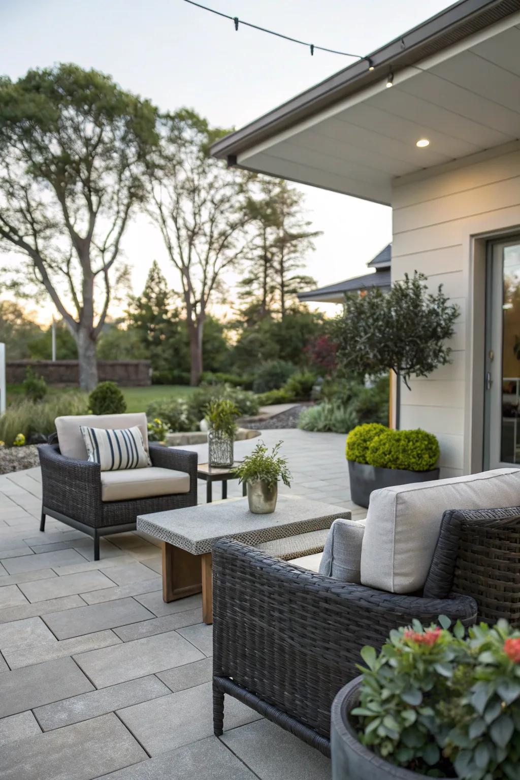 A cozy courtyard in the front yard offers a practical outdoor escape.