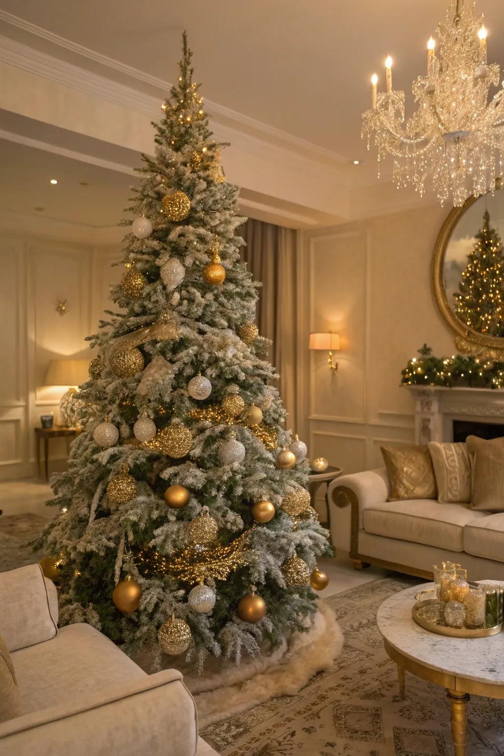 Gilded radiance brings a glamorous flair to this frosted Christmas tree.