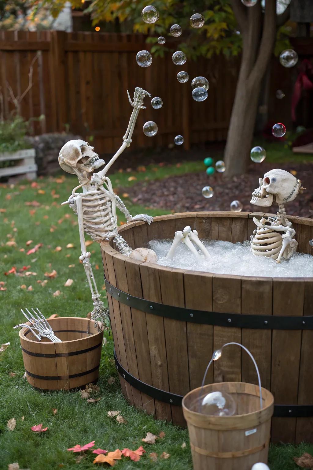 Skeletons having a bubbly barrel bath in the yard.