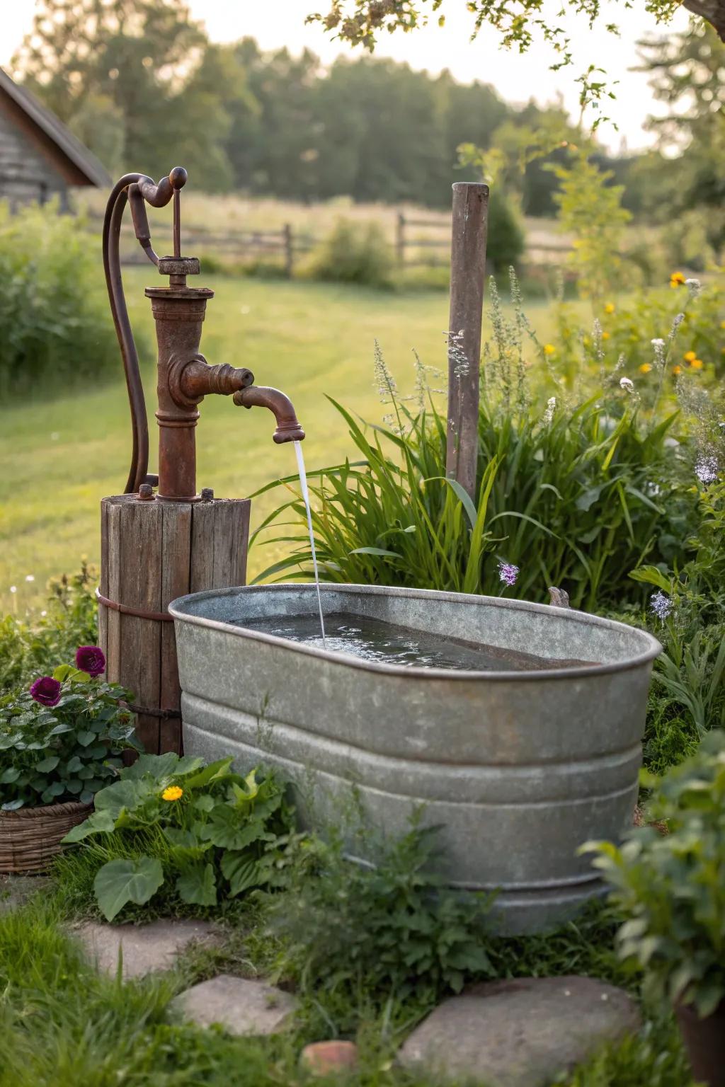 An antique hand pump enriches a basin fountain with nostalgic charm.