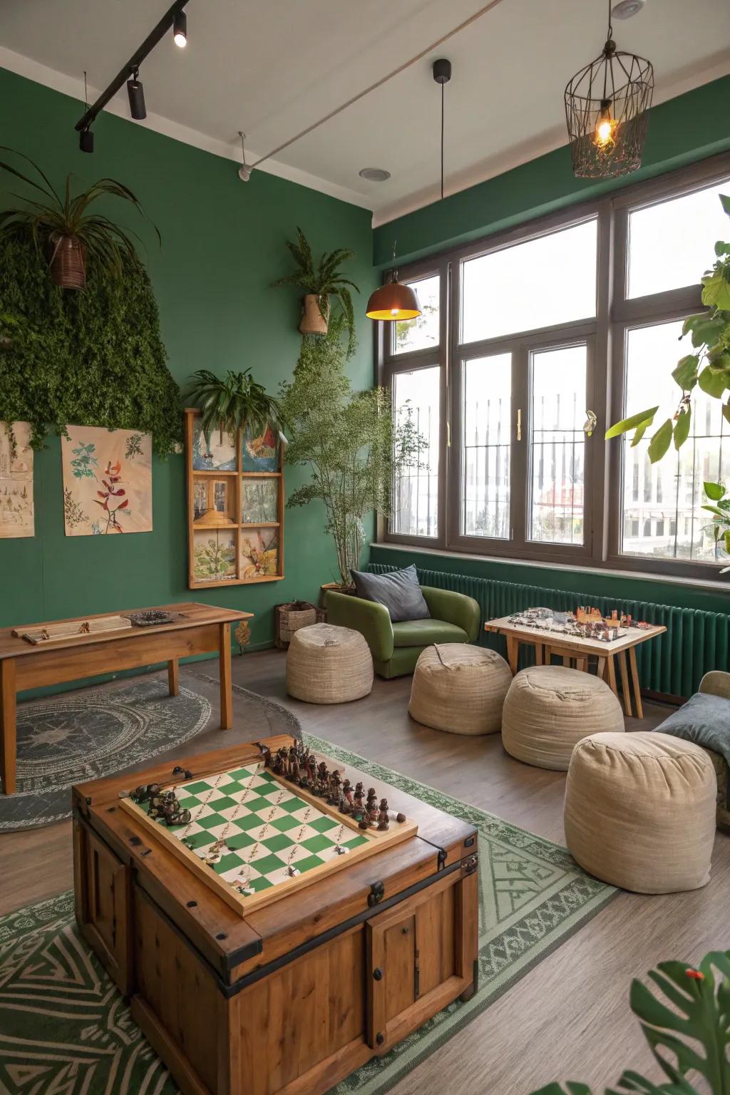 Green walls bring tranquility and a refreshing vibe to the game room.