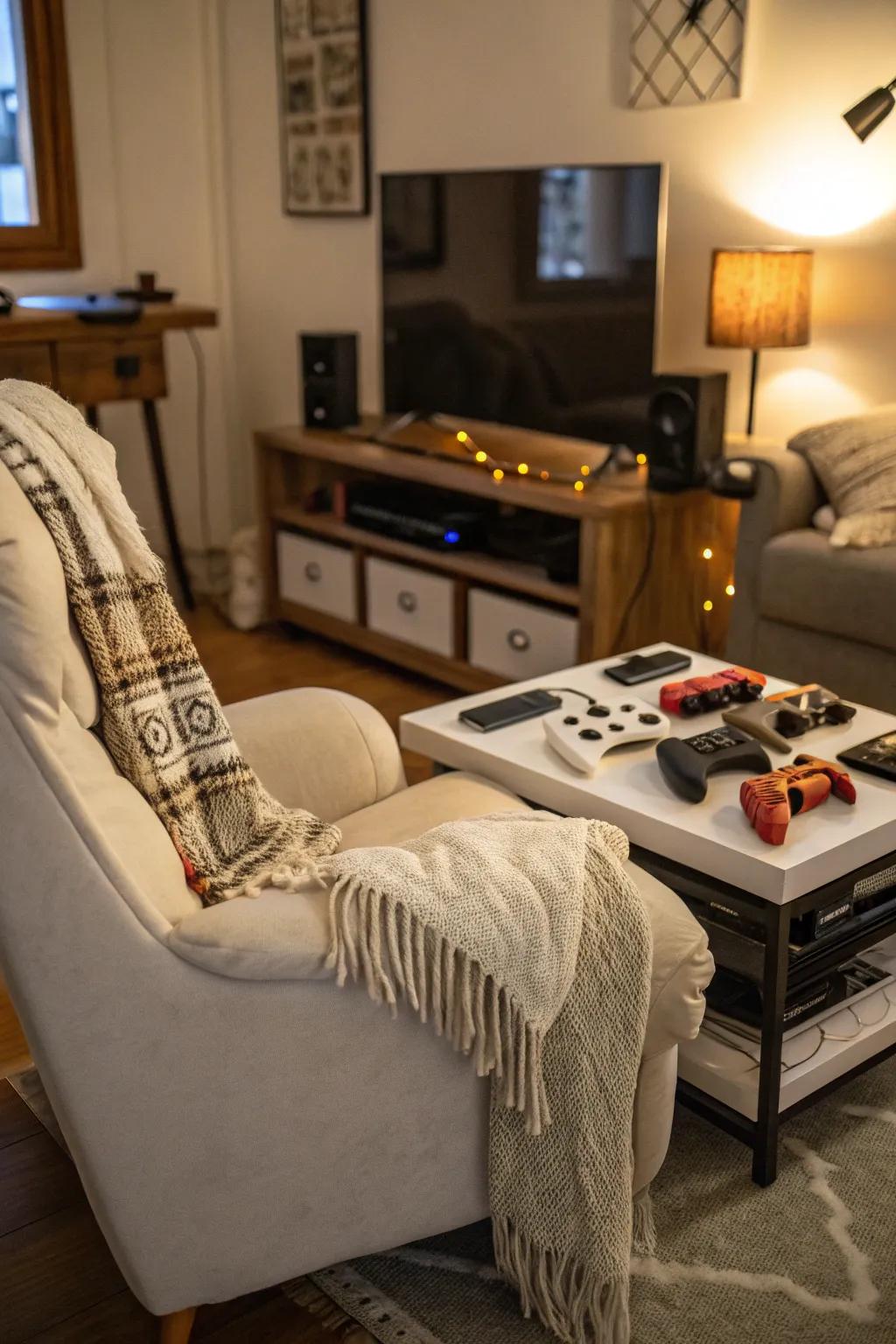 Soft pillows and lightweight blankets bring a cozy vibe to your gaming room.