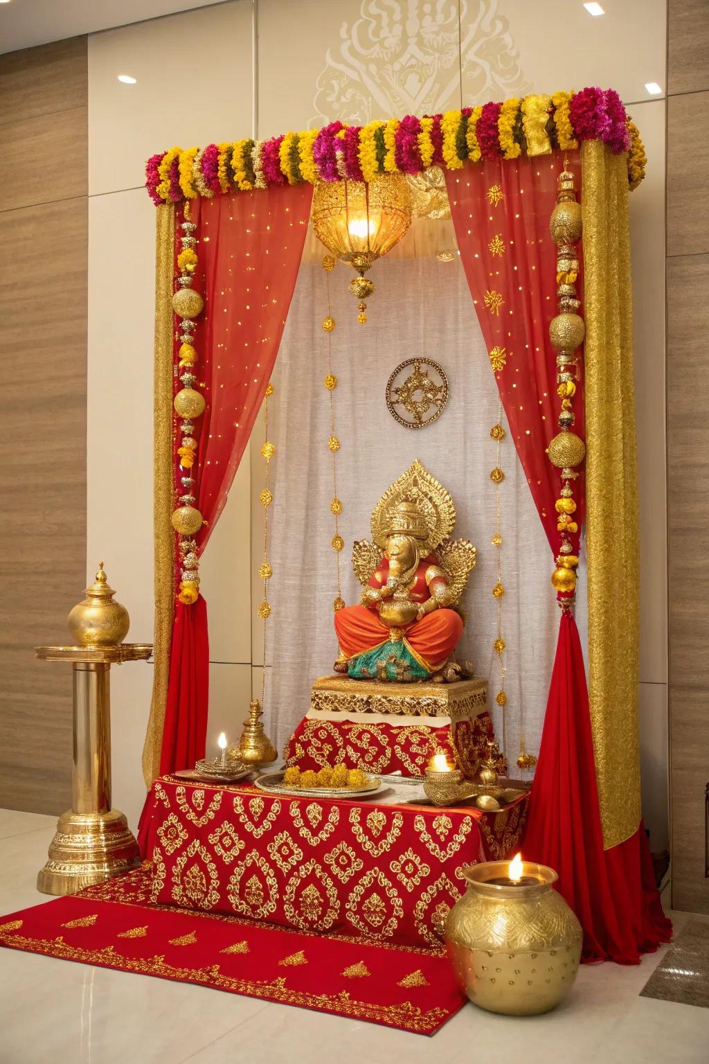 A unified gold and scarlet theme for Ganpati decor.