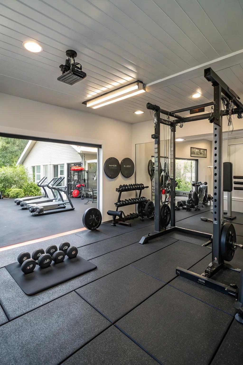 A fully-equipped gym housed within a garage.