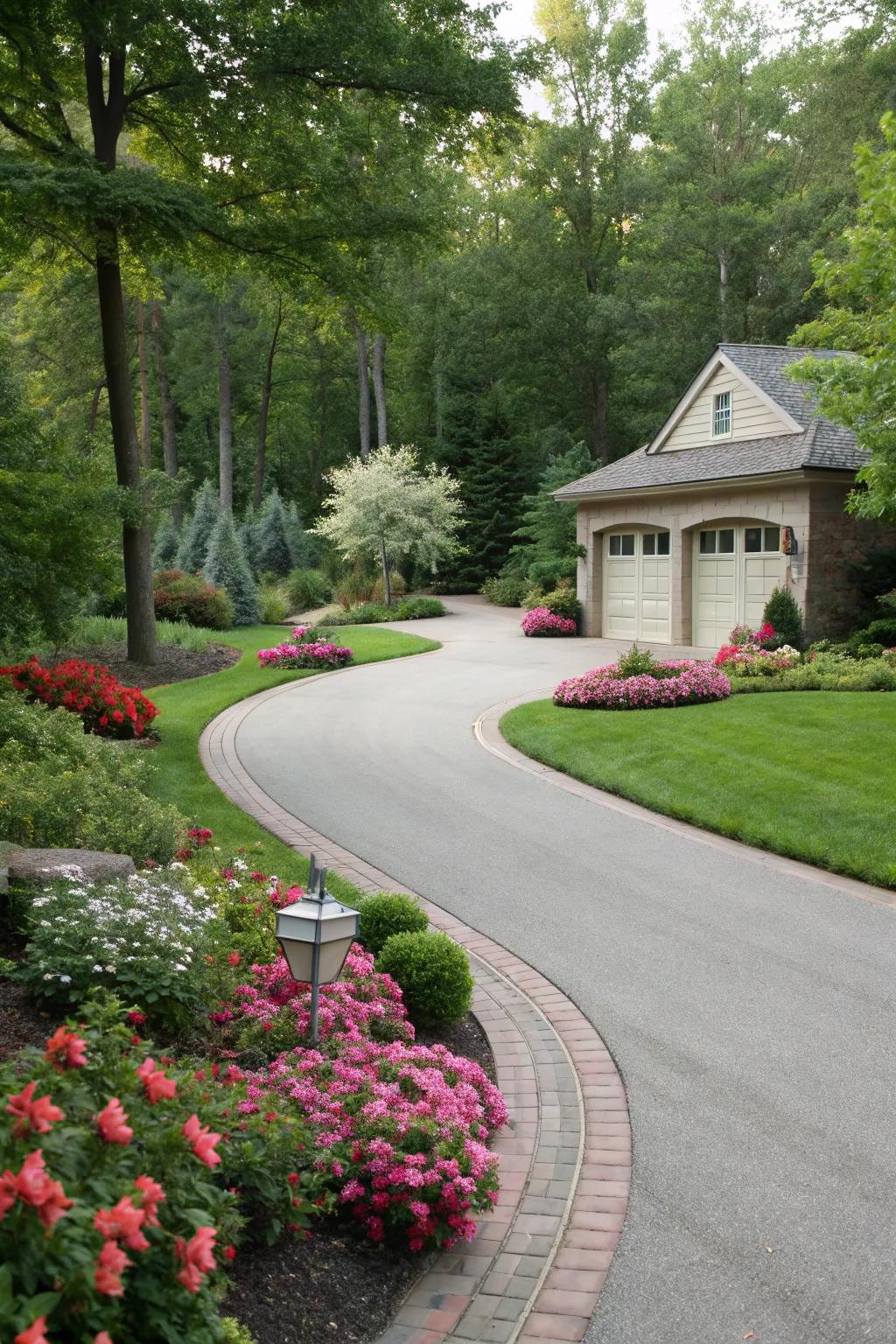 Bended driveway design that improves the flow of the landscape.