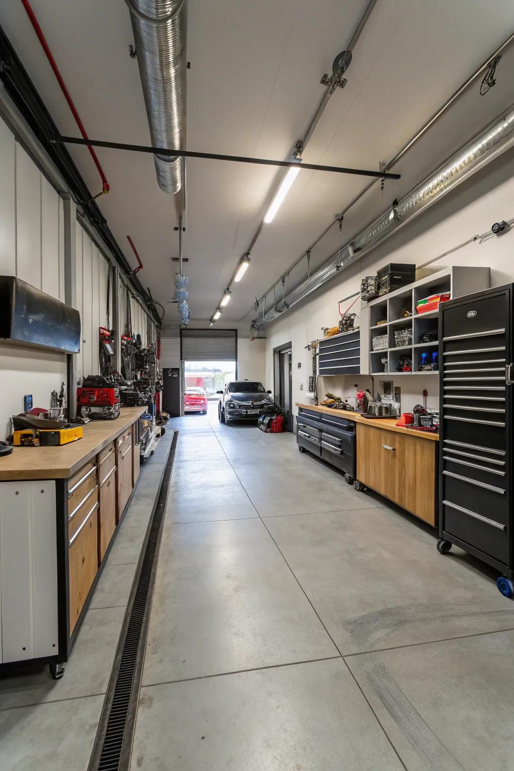 An extended garage providing sufficient area for a customized workshop.