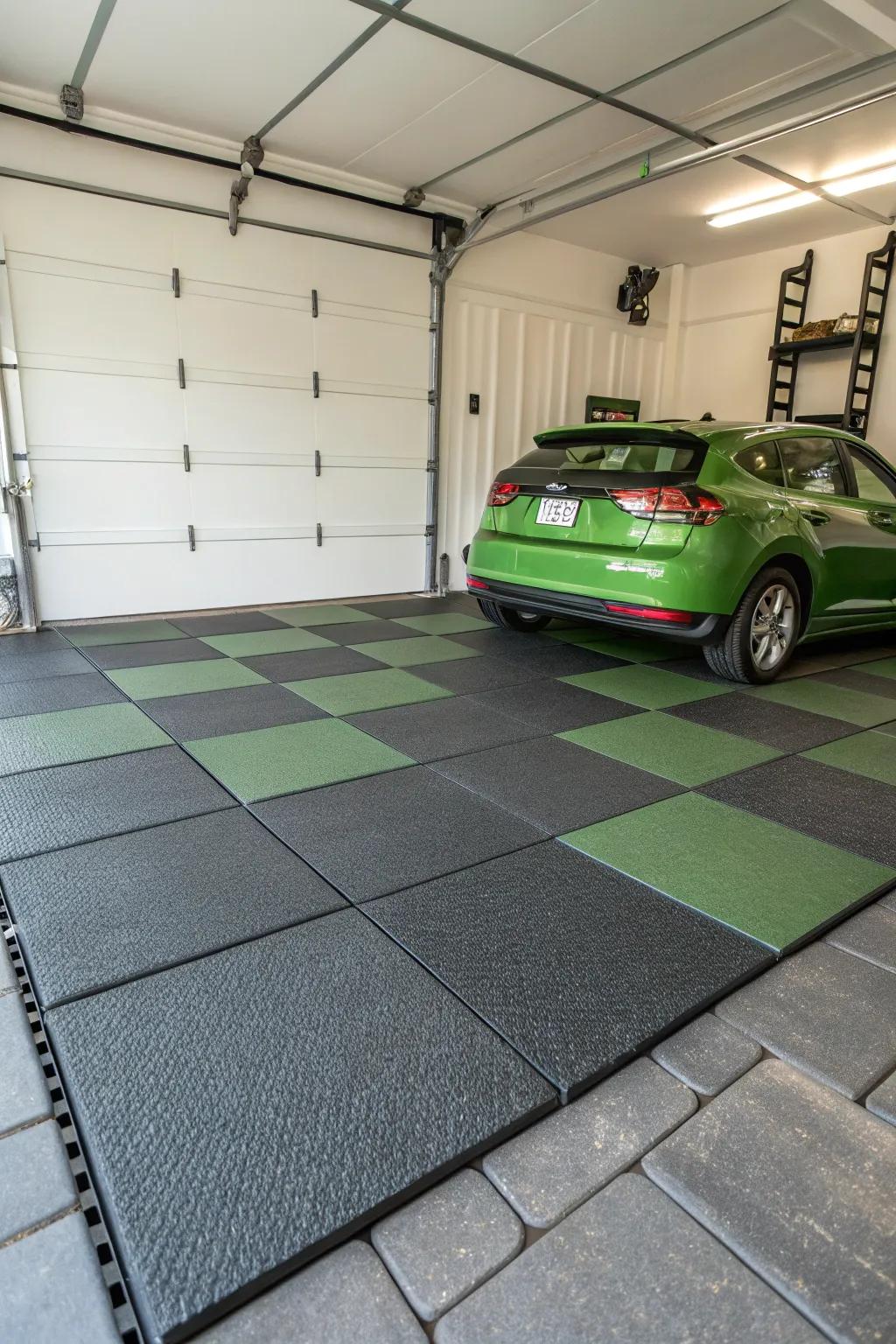 Eco-conscious tiles contribute sustainability and style to your garage.