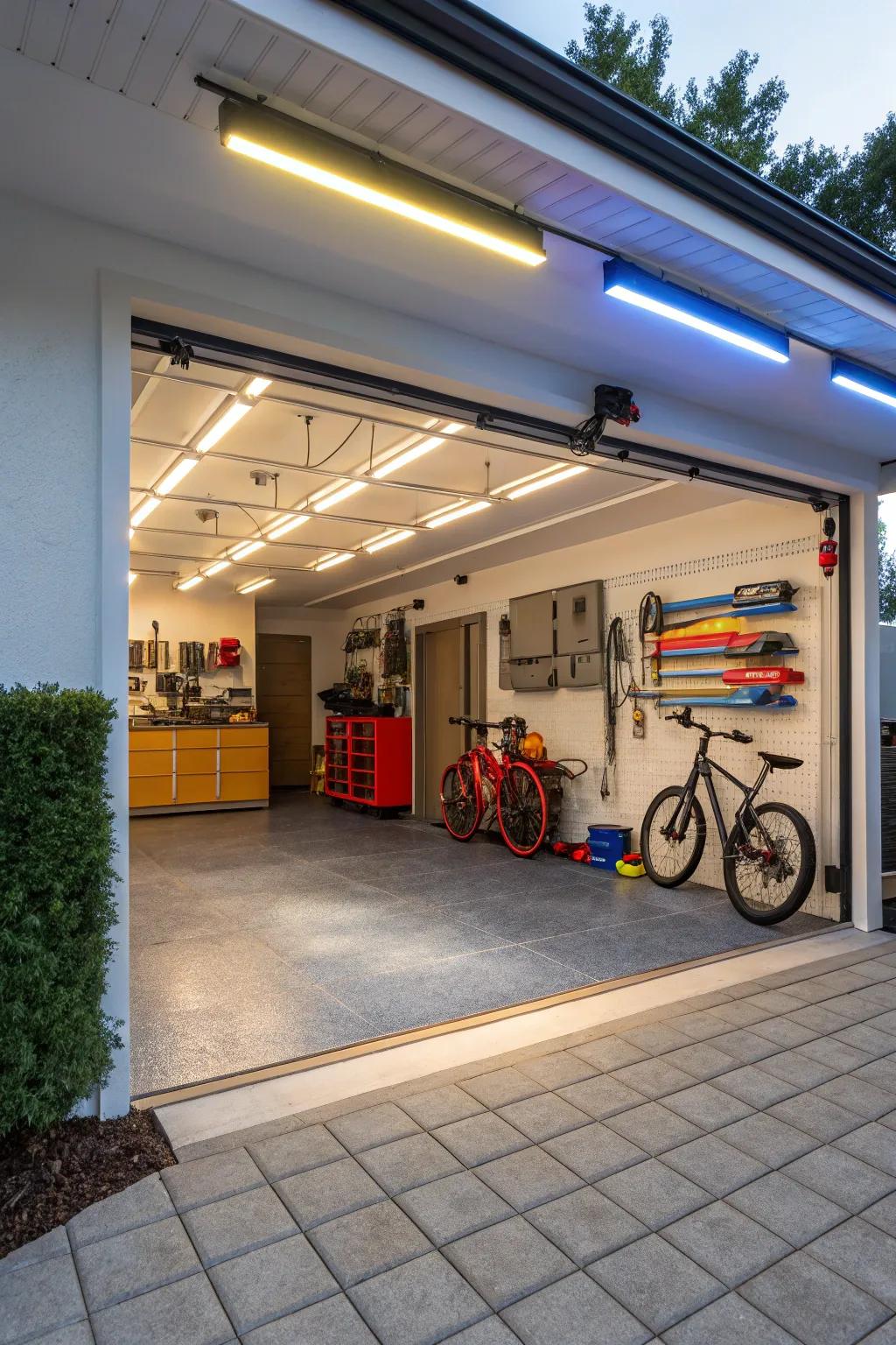 Bright lighting transforms the garage into an inviting space.