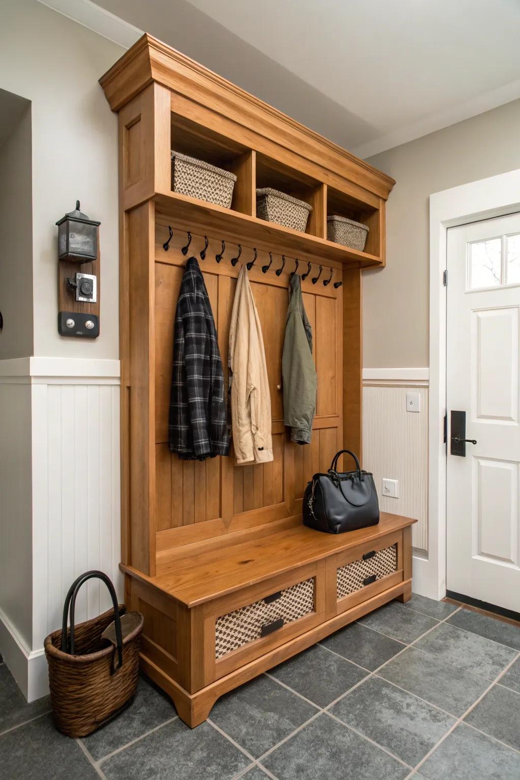 Dedicated coat storage keeps outerwear organized and readily accessible.