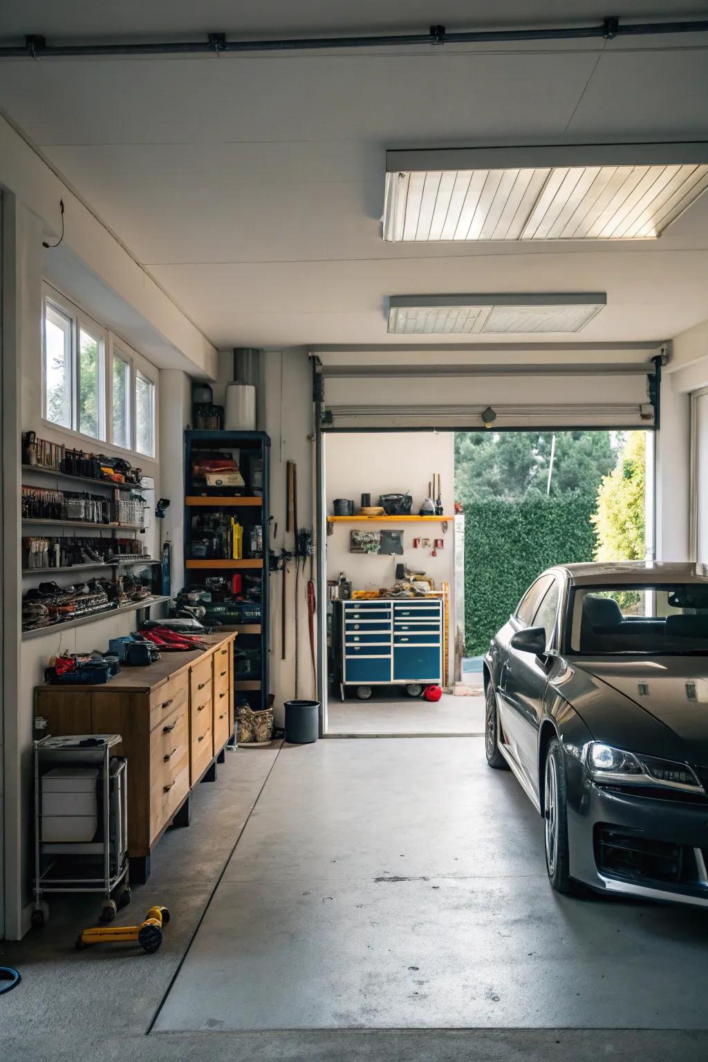 Balance vehicle storage with an efficient workspace.