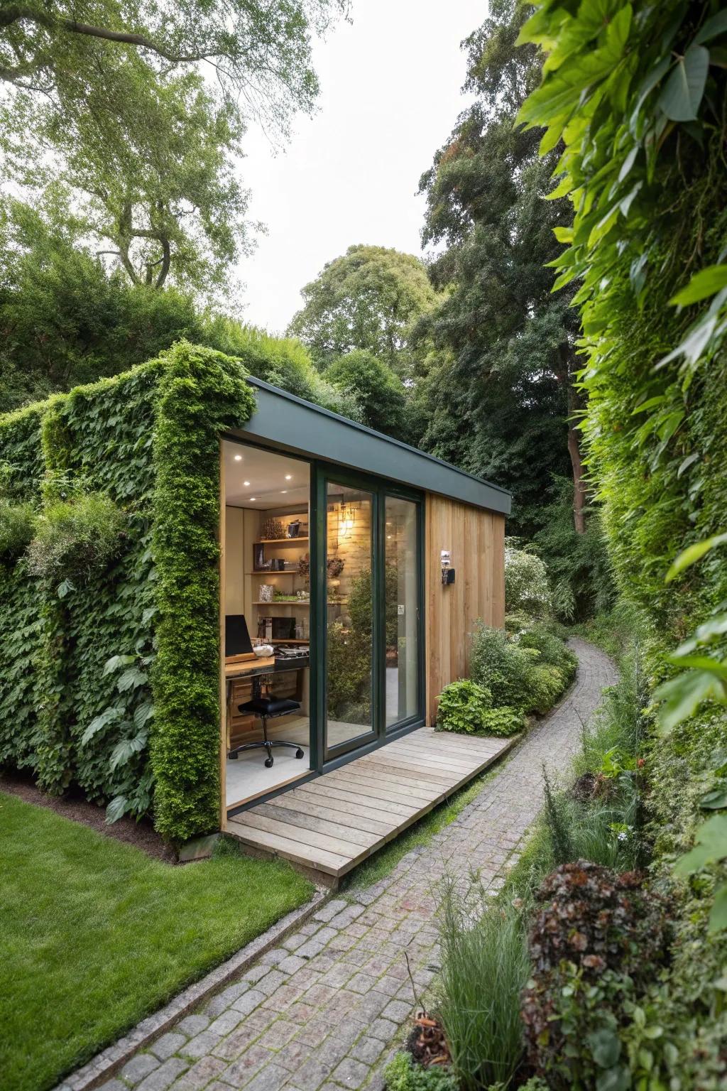 A garden office enclosed by lush botanical walls, providing a private workspace.