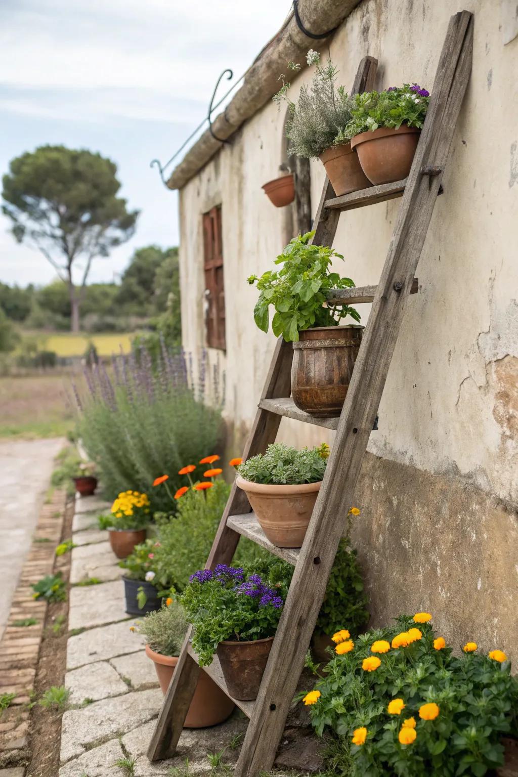 A vertical ladder garden filled with plants in containers.