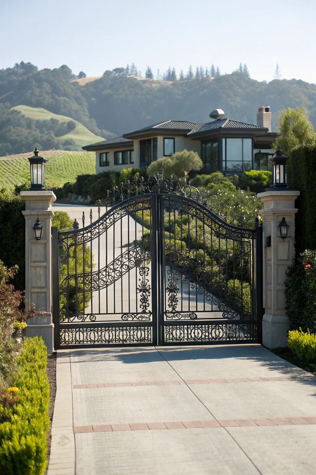 A striking gate sets the stage for an impressive driveway.