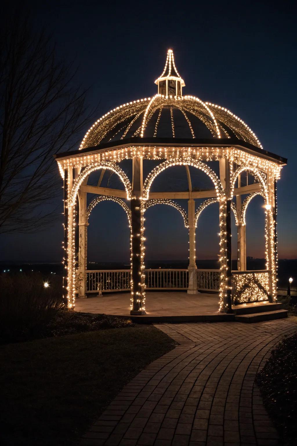 Rope lights delineate the gazebo, gorgeously accentuating its form.