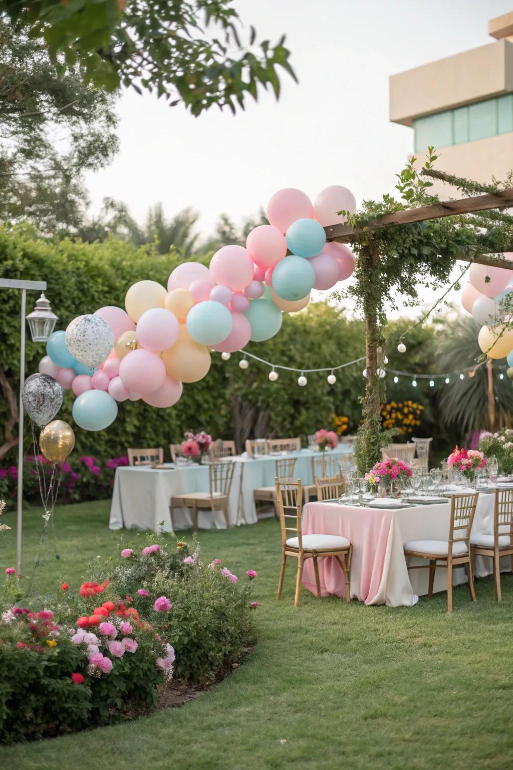 An exterior arrangement establishes a relaxed and welcoming ambiance for the big reveal.
