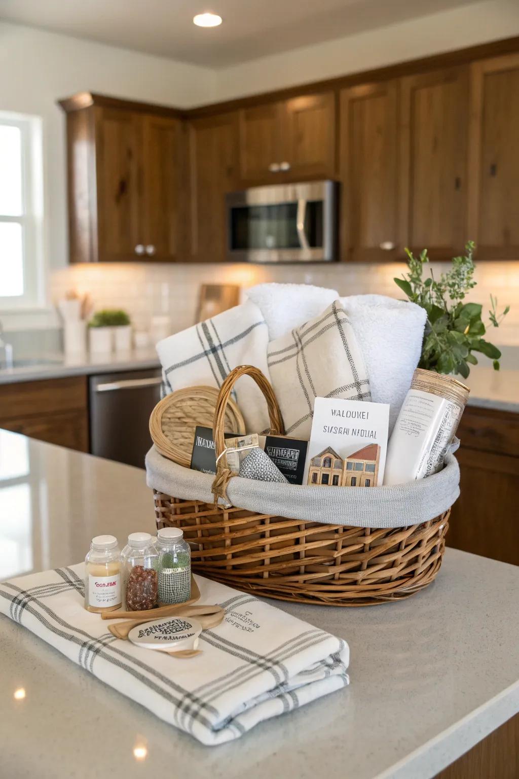 A housewarming gift basket filled with useful items.