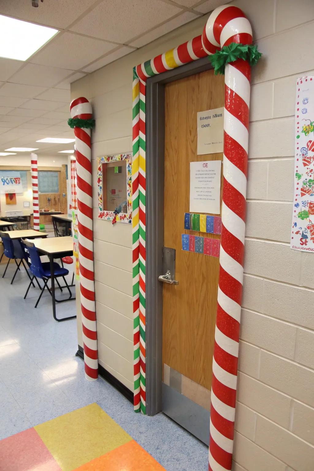 Candy line columns frame the entrance with holiday cheer.