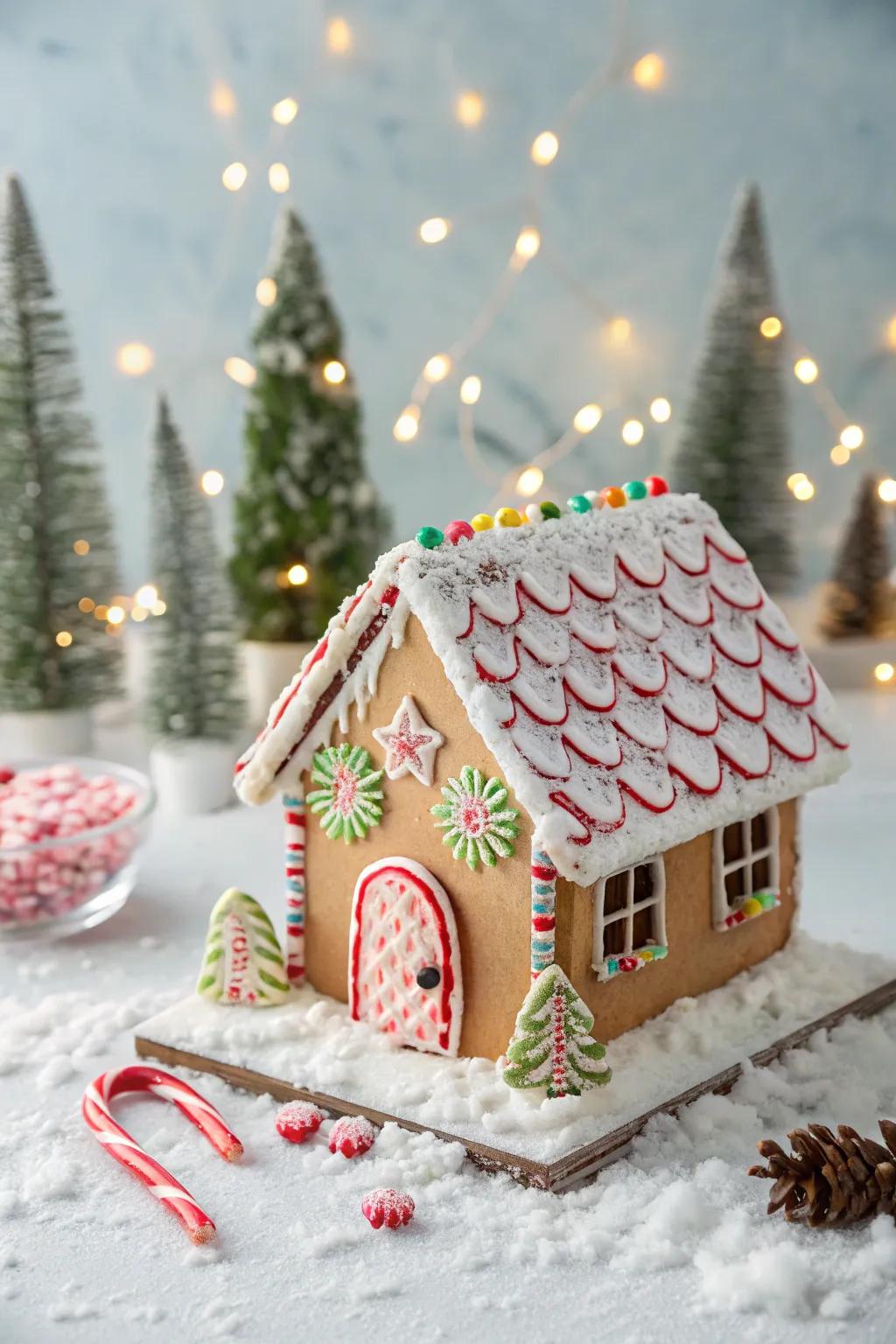 Minty slab tiles convey festivity and taste to gingerbread house roofs.