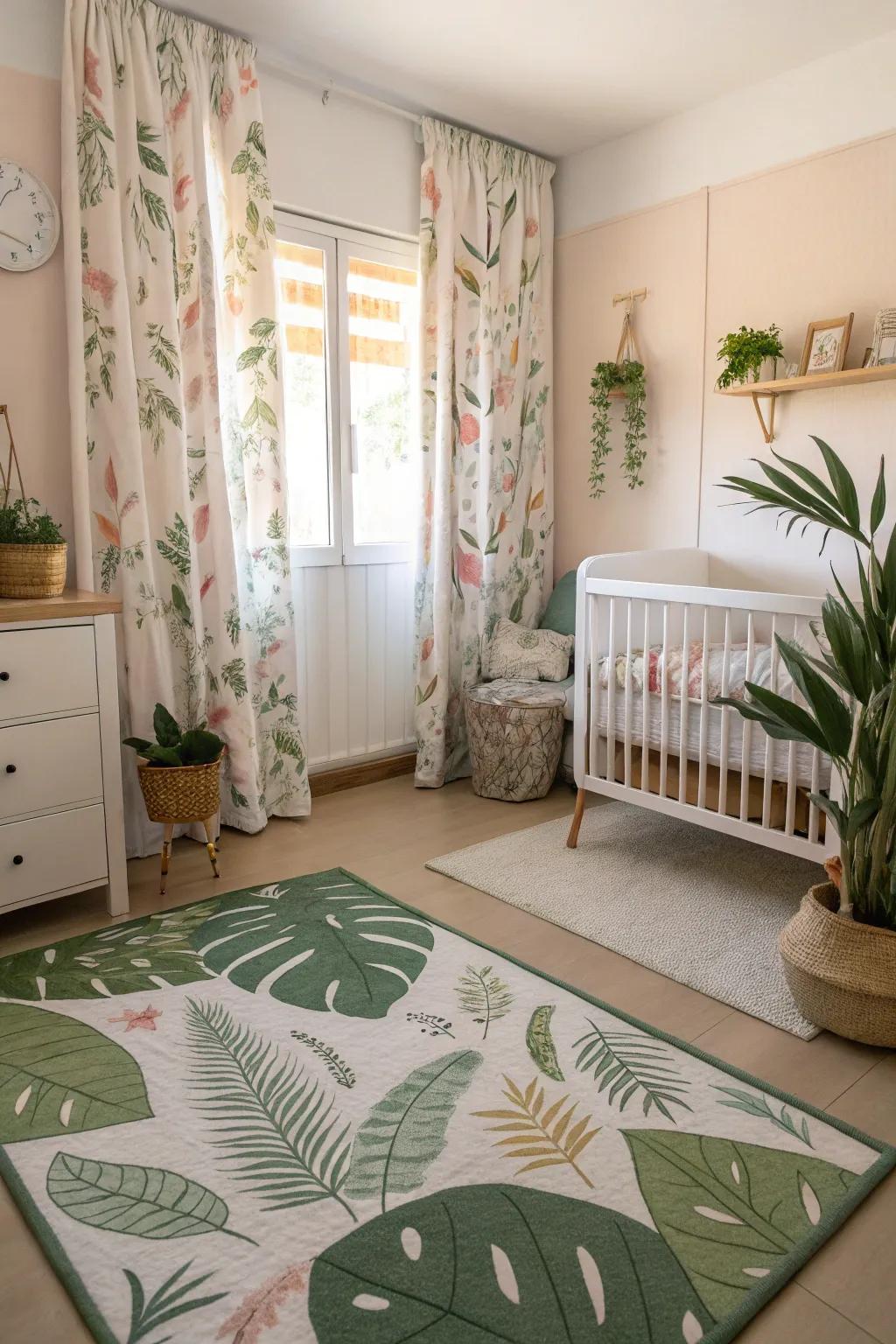Botanical textiles add a natural touch to the nursery.