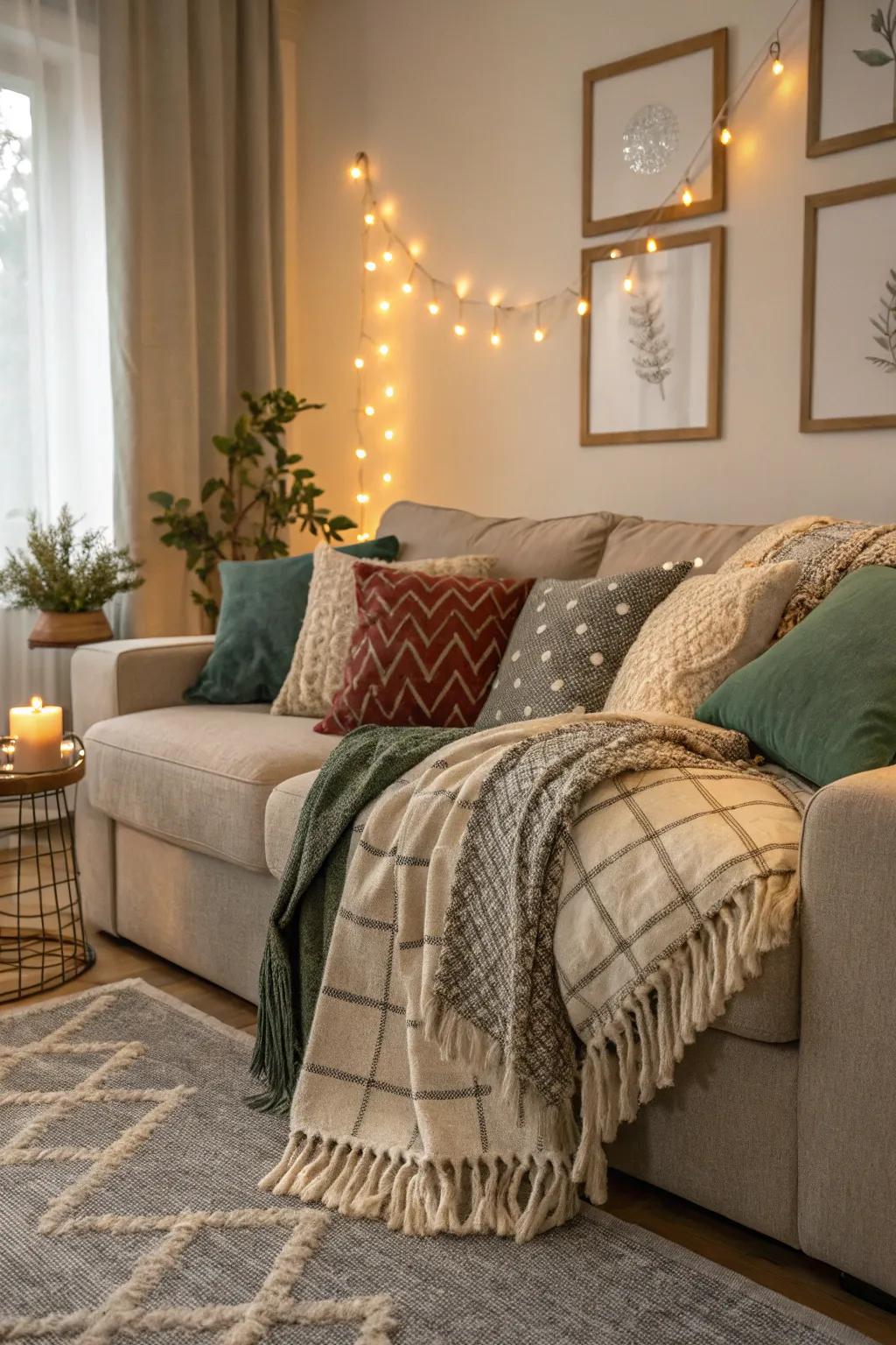 Cushions and throws add layers of comfort and style.