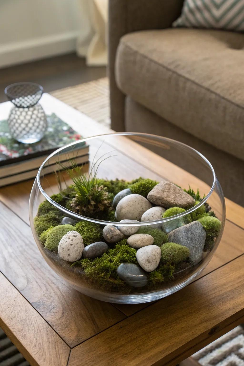 Stones and plant life come together to form an organic, earthy centerpiece inside a glass bowl.