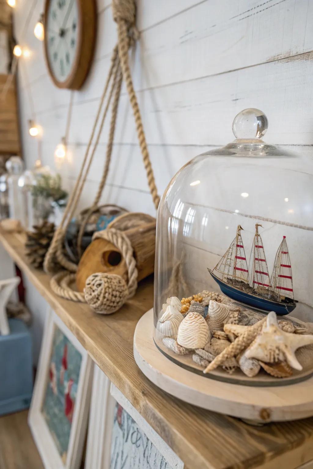 Seashells and driftwood evoke a coastal atmosphere under a glass cloche.