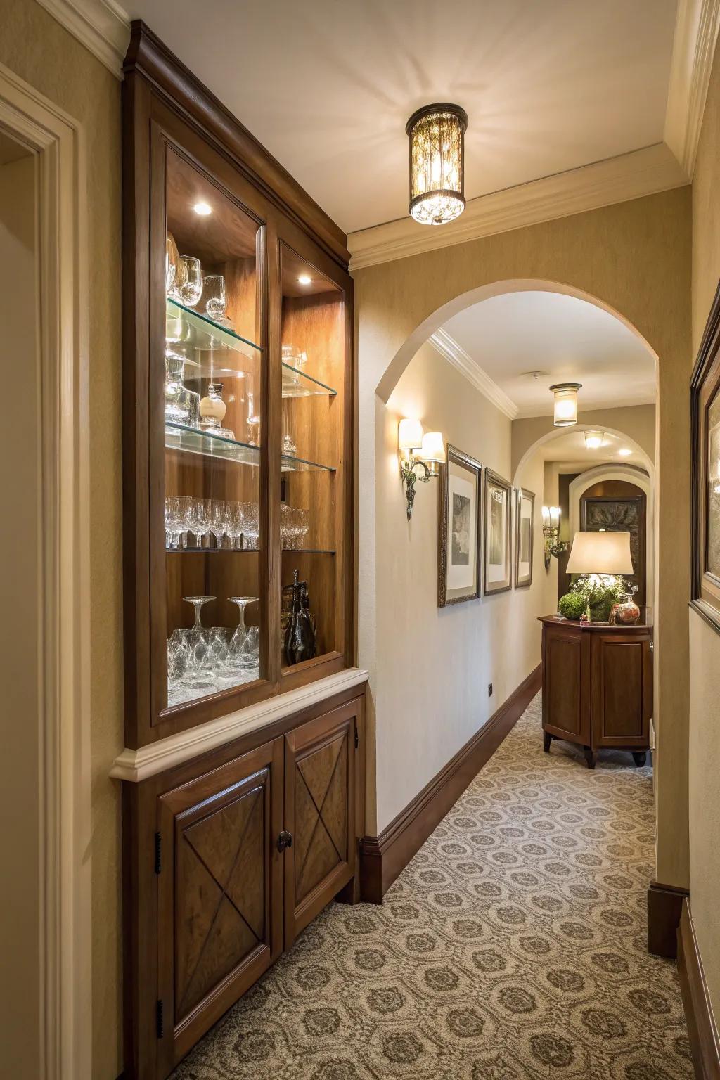 A cozy hallway nook transformed into a glassware display.