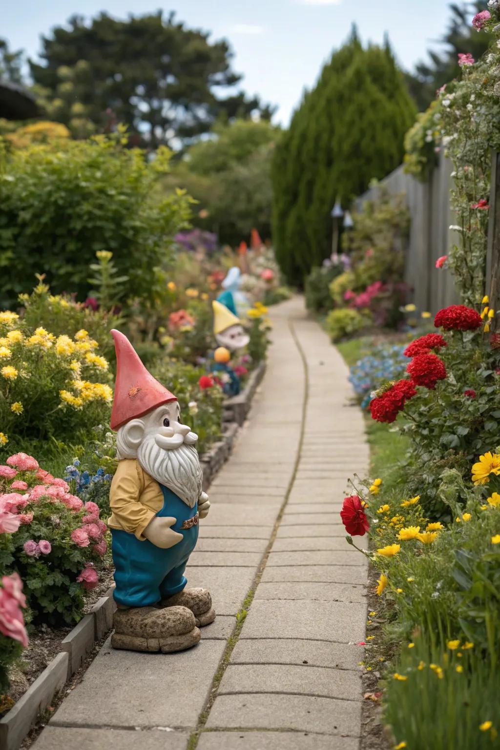 A delightful gnome march guiding through a garden path.