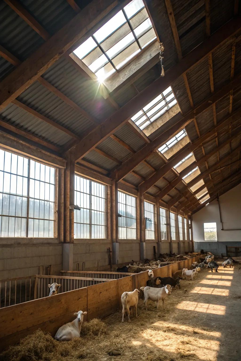 Wide windows and skylights brighten this goat shelter.