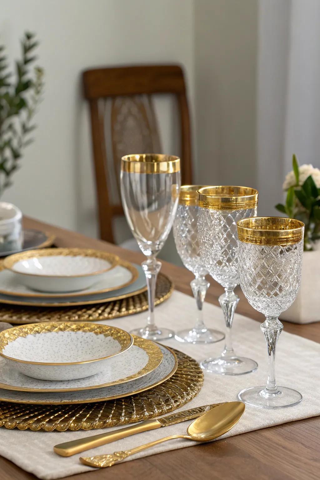 Opulent gold-rimmed glassware enhancing the dining experience.