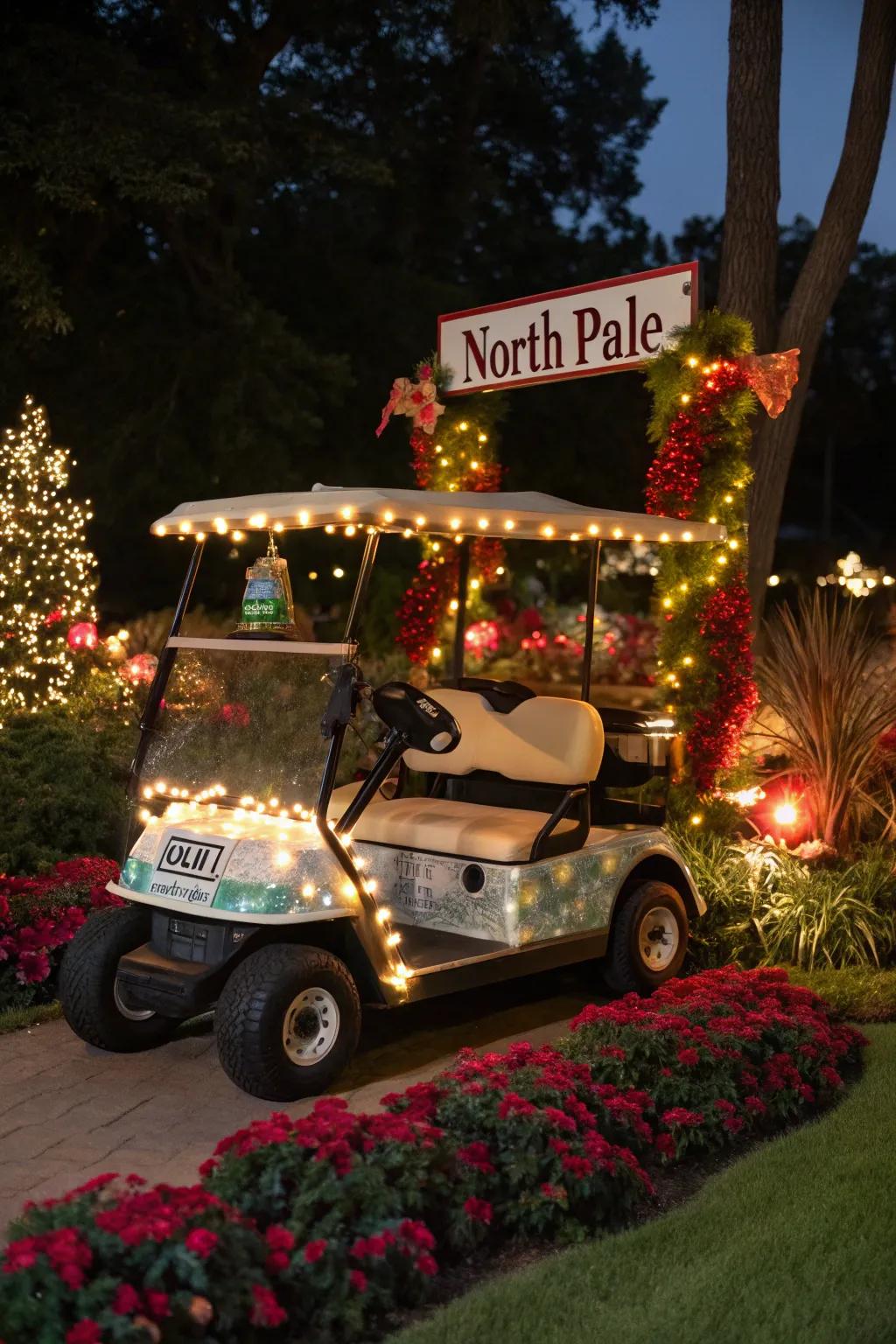 A whimsical North Pole Express golf cart.