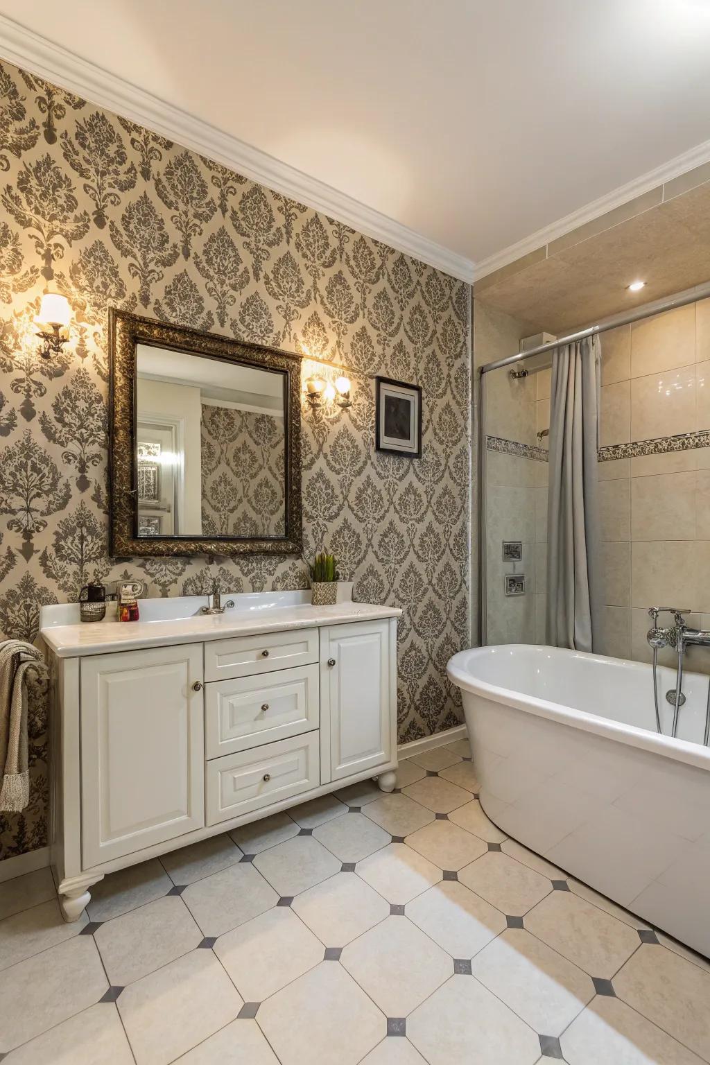 Refined patterns add a decorative flair to the gothic bathroom.