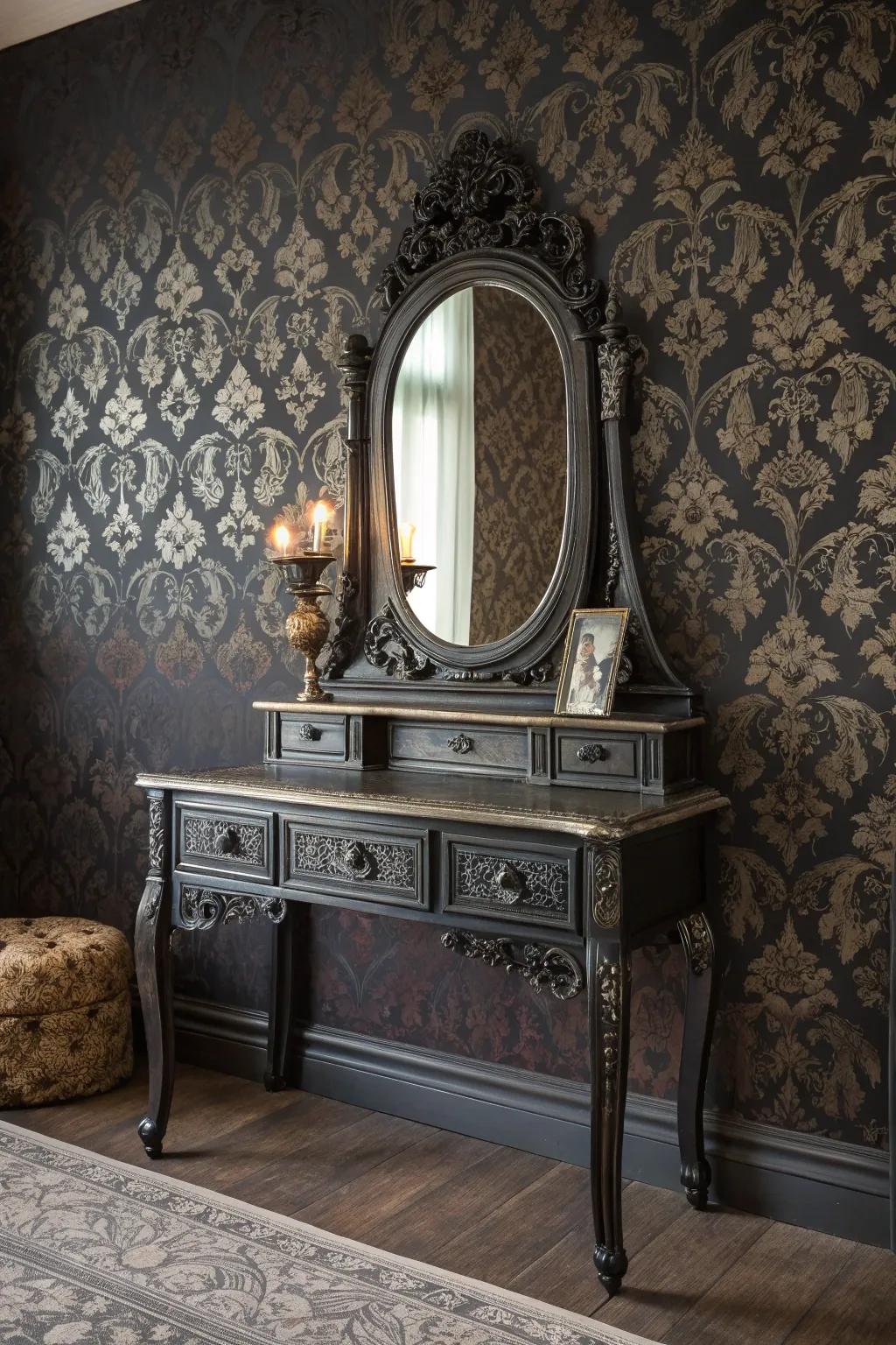 Textured wallpaper provides a rich backdrop for your gothic vanity.