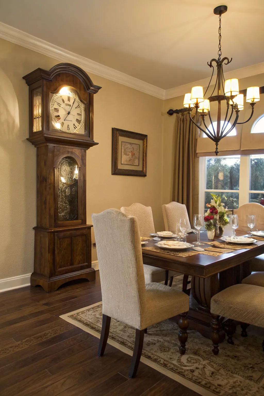 A pendulum timepiece introduces an elegant touch to any dining space.